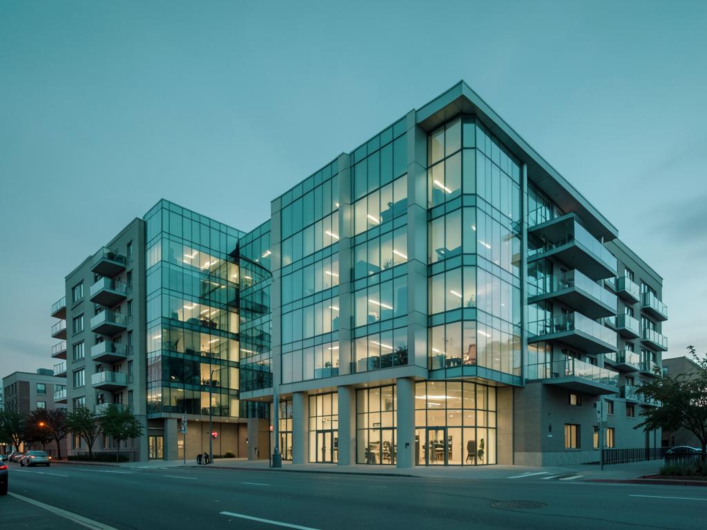 Modern mixed-use development at dusk